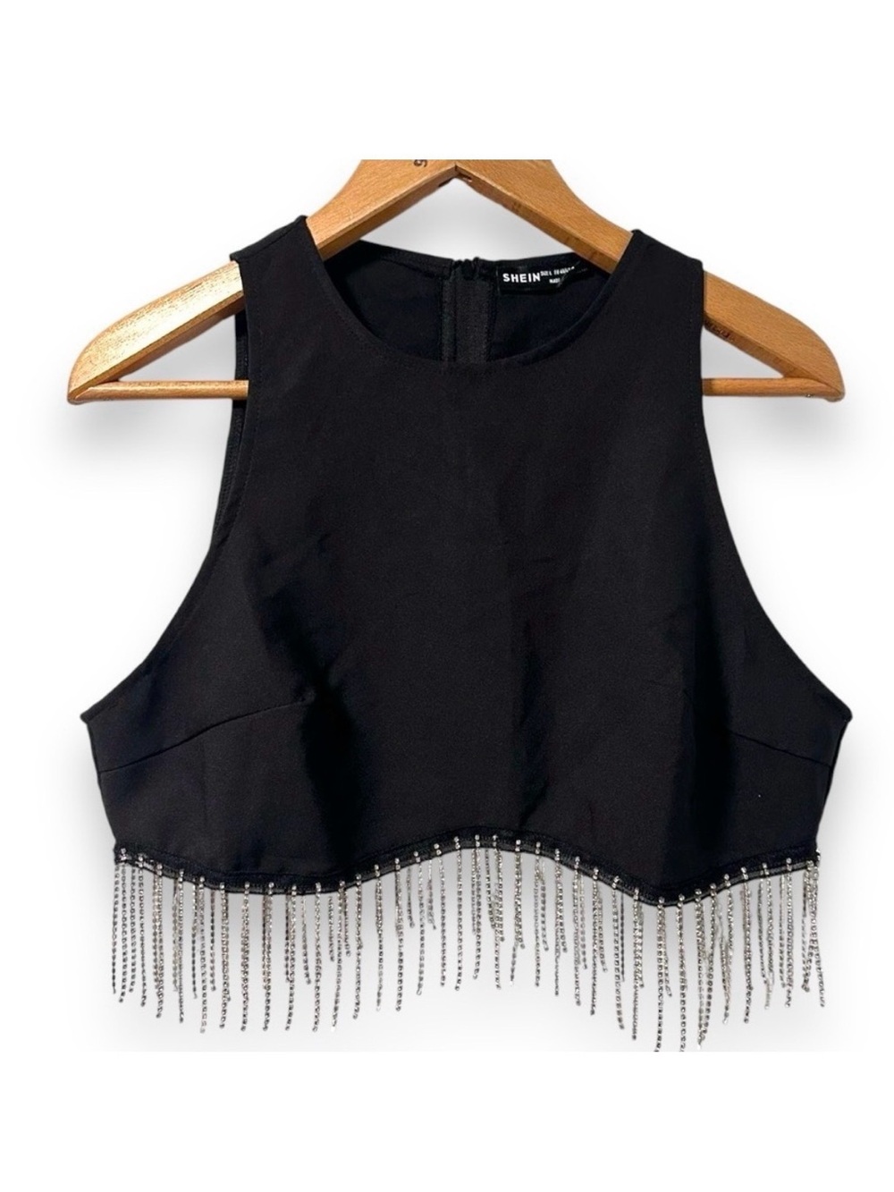 Shein Black Rhinestone Fringe Hem Cropped Tank Top Womens Size Large Party Bling